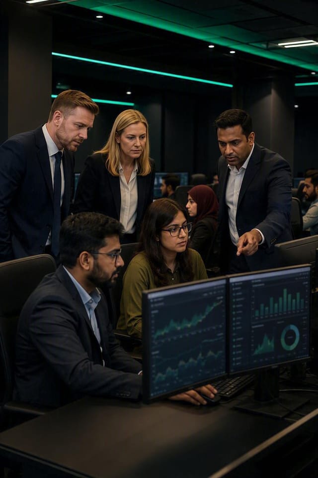 A finance team reviewing dashboards and forecasts on screens