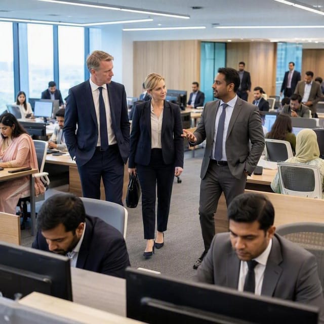 An open-plan office with finance staff working at their desks