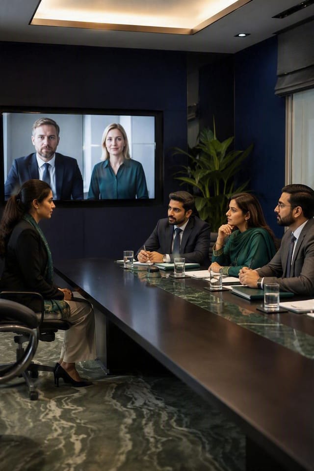 A client team interviewing a candidate on a video call in a boardroom