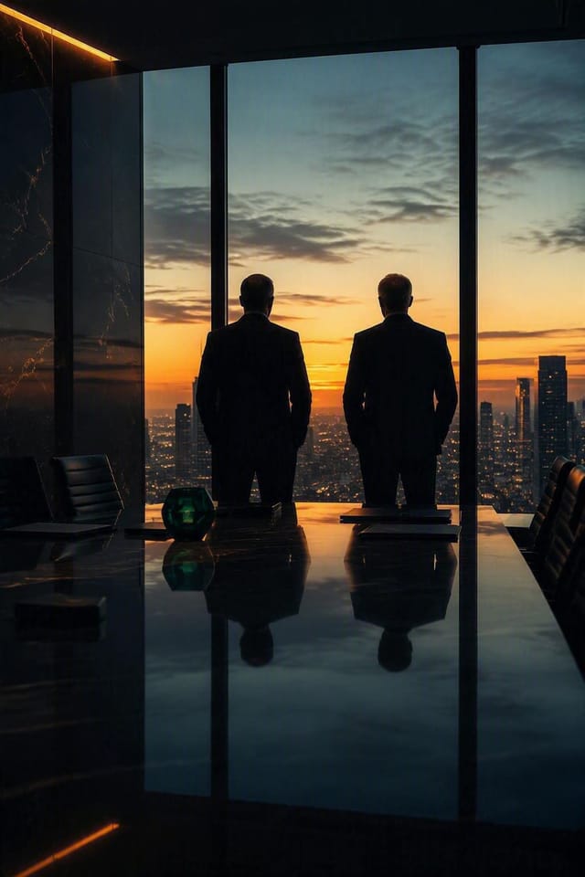 Two business leaders looking out over a city skyline at dusk