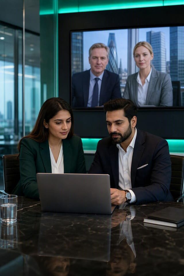 Two finance professionals on a video call with colleagues in another office