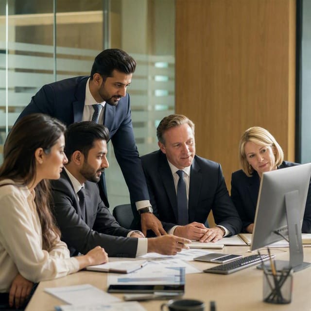 Finance professionals reviewing reports together around a meeting table