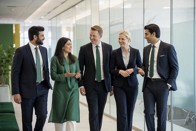 Finance professionals walking together through an office